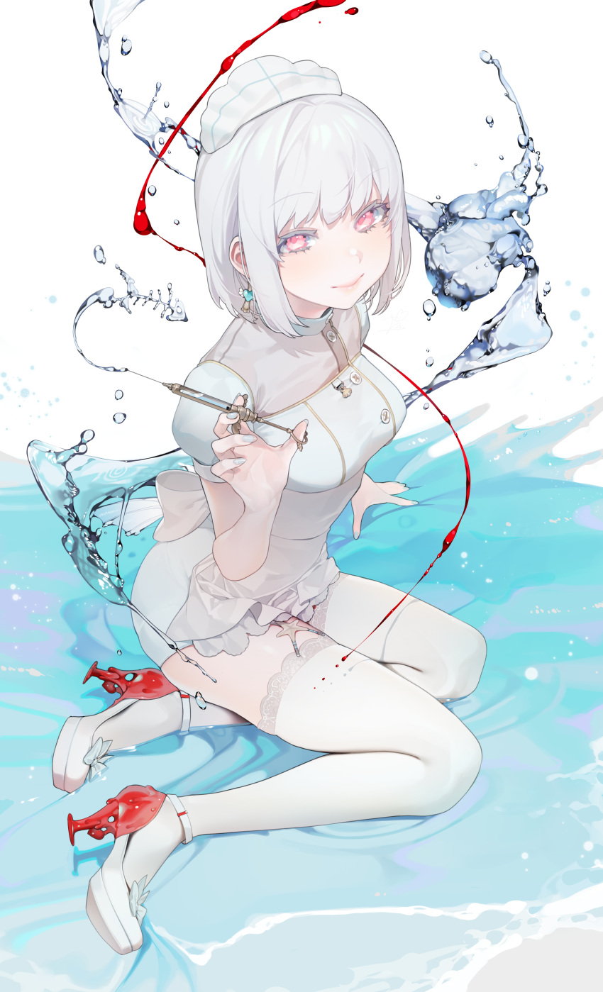 1girl, absurdres, bangs, blood, closed_mouth, earrings, eyebrows_visible_through_hair, full_body