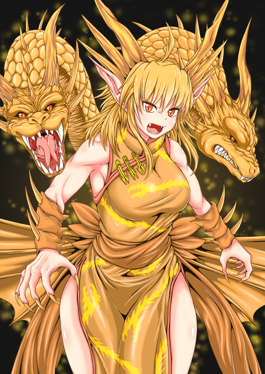 1girl, absurdres, arm_blade, breasts, china_dress, chinese_clothes, claws, commentary, dragon, dragon_girl, dragon_horns, dragon_wings, dress, eyebrows_visible_through_hair, fangs, fingernails, ghidorah_(godzilla:_the_planet_eater), godzilla:_the_planet_eater, godzilla_(series), highres, horns, kaijuu, king_ghidorah, large_breasts, long_fingernails, long_hair, monster, multiple_heads, muscle, mynameissuusan, open_hand, open_mouth, orange_eyes, personification, pointy_ears, scales, sharp_teeth, side_slit, slit_pupils, teeth, tongue, translation_request, weapon, wings