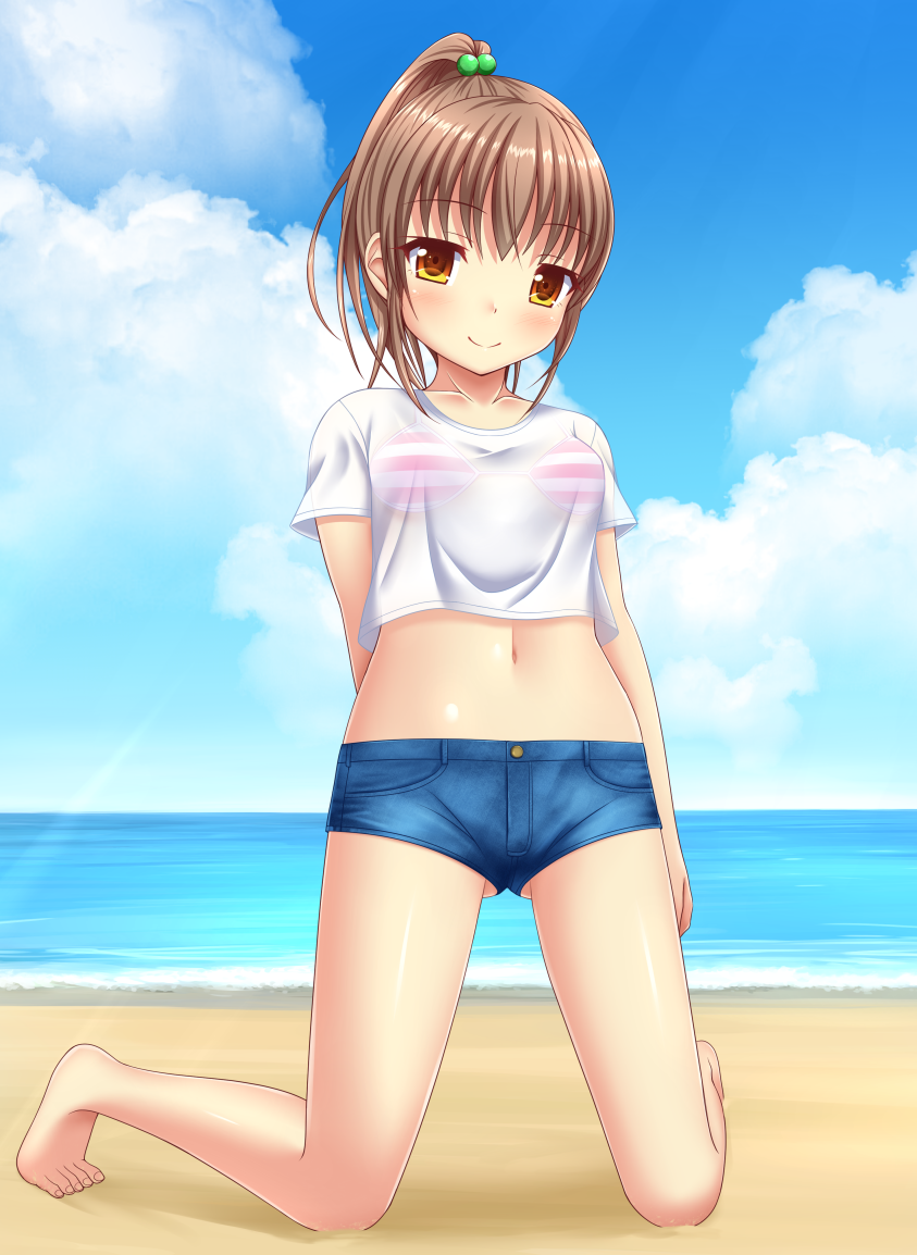 1girl, bangs, bare_legs, barefoot, beach, bikini, bikini_top, bikini_under_clothes