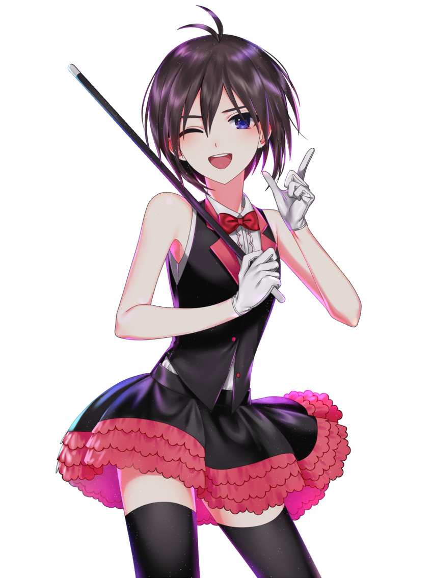 1girl, ;d, antenna_hair, black_hair, black_legwear, black_skirt, blue_eyes, bow