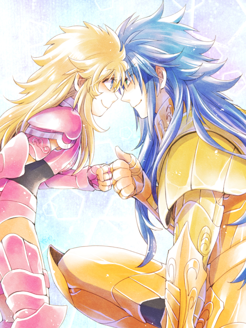 1boy, 1girl, armor, blonde_hair, blue_eyes, blue_hair, child, clenched_hand