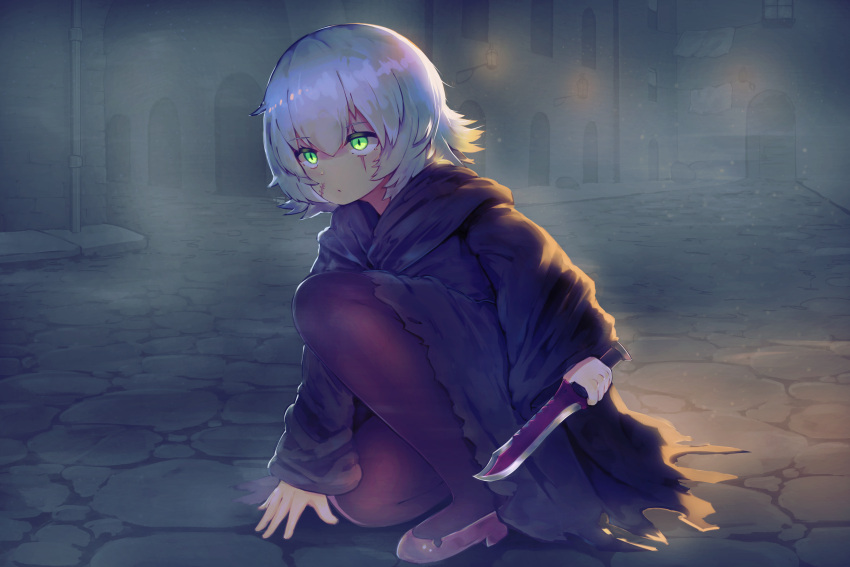 1girl, black_coat, brown_legwear, facial_scar, fate/apocrypha, fate_(series), full_body, green_eyes