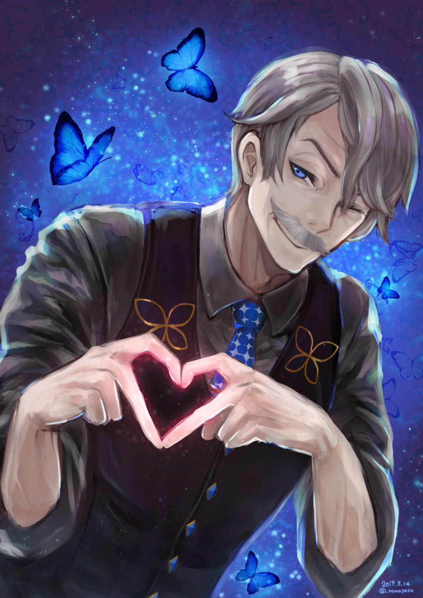 1boy, ;), blue_butterfly, blue_eyes, blue_neckwear, collared_shirt, fate/grand_order, fate_(series)