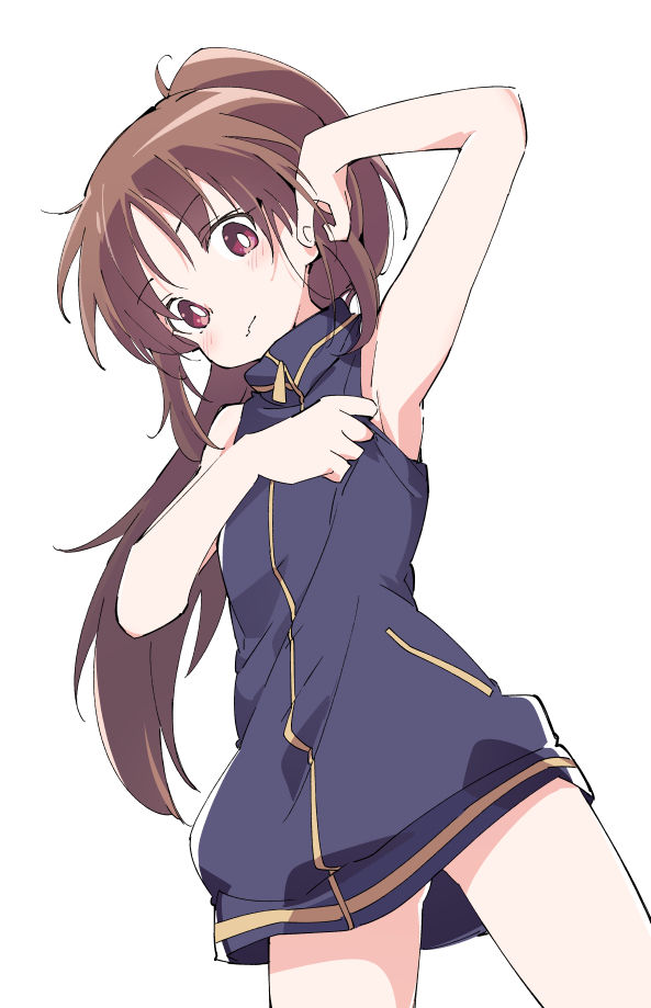 1girl, :3, armpits, black_jacket, brown_hair, cowboy_shot, ixy, jacket