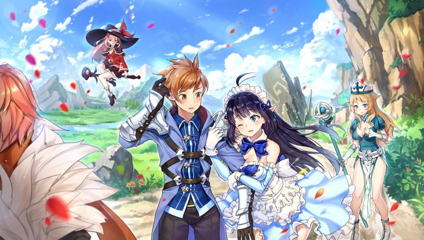 2boys, 3girls, ;d, ahoge, apron, aqua_dress, arm_hug, bangs, bare_legs, bare_shoulders, belt, black_capelet, black_hair, black_headwear, black_pants, black_skirt, blonde_hair, blue_coat, blue_dress, blue_eyes, blue_neckwear, blue_shirt, blue_sky, blurry, blush, boots, bow, bowtie, breasts, brown_eyes, brown_gloves, brown_hair, brown_scarf, buttons, capelet, cleavage, cleo_(king's_raid), clouds, cloudy_sky, coat, collared_shirt, commentary_request, day, detached_collar, detached_sleeves, dress, elf, flying, frey_(king's_raid), frilled_dress, frills, fur_collar, gauntlets, glint, gloves, goyain, grass, habit, hat, high_heel_boots, high_heels, highres, holding, holding_staff, kasel_(king's_raid), king's_raid, large_breasts, long_hair, long_sleeves, looking_at_another, maid, maid_apron, maid_headdress, miniskirt, mirianne_(king's_raid), mountain, multiple_boys, multiple_girls, one_eye_closed, open_clothes, open_coat, open_mouth, outdoors, pants, pelvic_curtain, petals, pink_hair, plant, pointy_ears, puffy_short_sleeves, puffy_sleeves, red_eyes, red_shirt, river, roi_(king's_raid), scarf, shirt, shoes, short_hair, short_sleeves, shoulder_armor, sidelocks, skirt, sky, smile, staff, standing, strapless, strapless_dress, sunlight, thighs, underbust, waist_apron, water, white_footwear, white_gloves, white_headwear, witch_hat