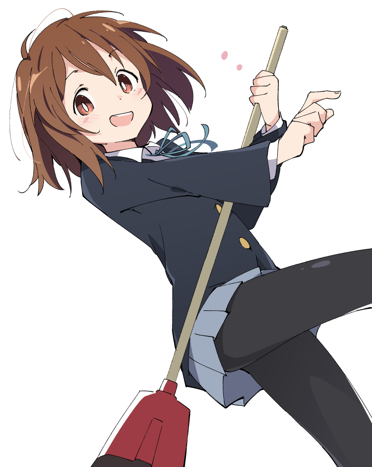 1girl, black_legwear, blue_jacket, blue_skirt, broom, brown_eyes, brown_hair, hirasawa_yui
