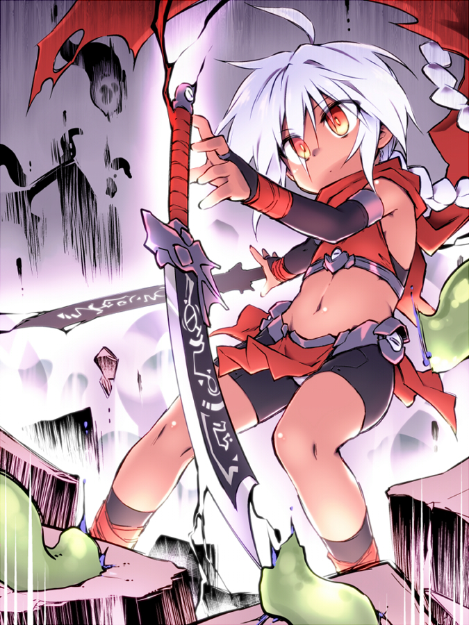 ahoge, alternate_costume, alternate_hair_color, armband, bangs, bare_shoulders, battle, belt, black_gloves, black_legwear, black_shorts, braid, cape, crop_top, elbow_gloves, eyebrows_visible_through_hair, eyes_visible_through_hair, fighting_stance, fingerless_gloves, floating, floating_object, floating_rock, floating_weapon, flowing_scarf, girl_with_a_blonde_braid_(tomoshibi_hidekazu), gloves, glowing, hitodama, long_hair, magic, midriff, monster, motion_lines, navel, orange_eyes, original, outstretched_hand, red_footwear, red_hood, shorts, slime, sword, tomoshibi_hidekazu, very_long_hair, weapon, white_hair