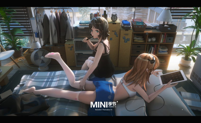 2girls, alarm_clock, aqua_eyes, artist_name, ass, bag, bangs, bare_arms