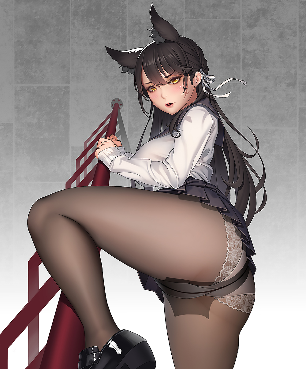 1girl, animal_ear_fluff, animal_ears, ass, atago_(azur_lane), azur_lane, bangs, black_footwear