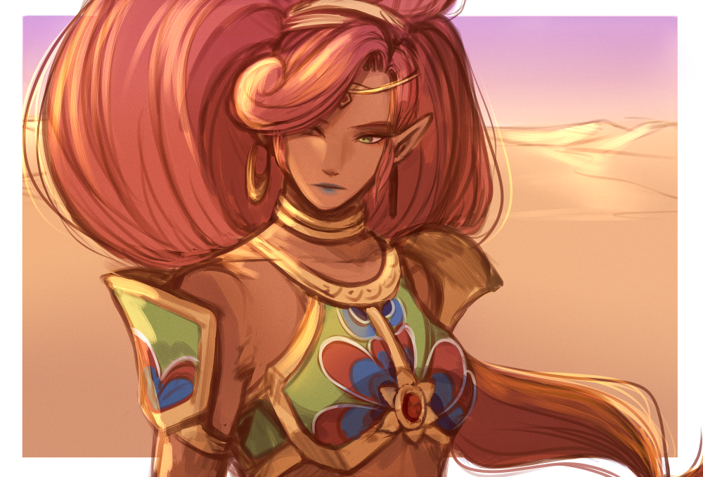 1girl, bangs, bare_shoulders, big_hair, blue_lipstick, breastplate, circlet, dark_skin, desert, earrings, forehead_jewel, gerudo, green_eyes, hair_over_one_eye, hoop_earrings, jewelry, lipstick, long_hair, makeup, neck_ring, nintendo, redhead, shoulder_armor, solo, spaulders, the_legend_of_zelda, the_legend_of_zelda:_breath_of_the_wild, tsukiyumi, tsurime, urbosa, very_long_hair