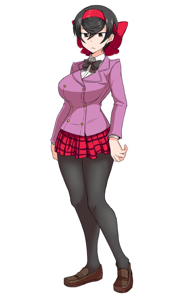 1girl, black_hair, black_legwear, black_neckwear, blazer, bow, bowtie, brown_footwear