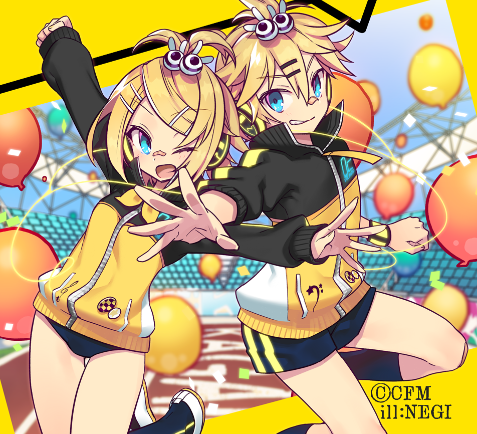 1boy, 1girl, badge, balloon, bandaid, bass_clef, blonde_hair, blue_eyes