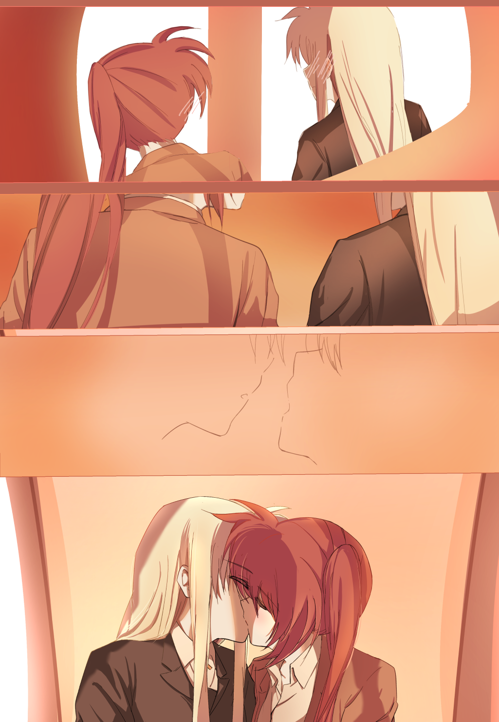 blonde_hair, blush, brown_hair, couple, embarrassed, fate_testarossa, highres, kiss