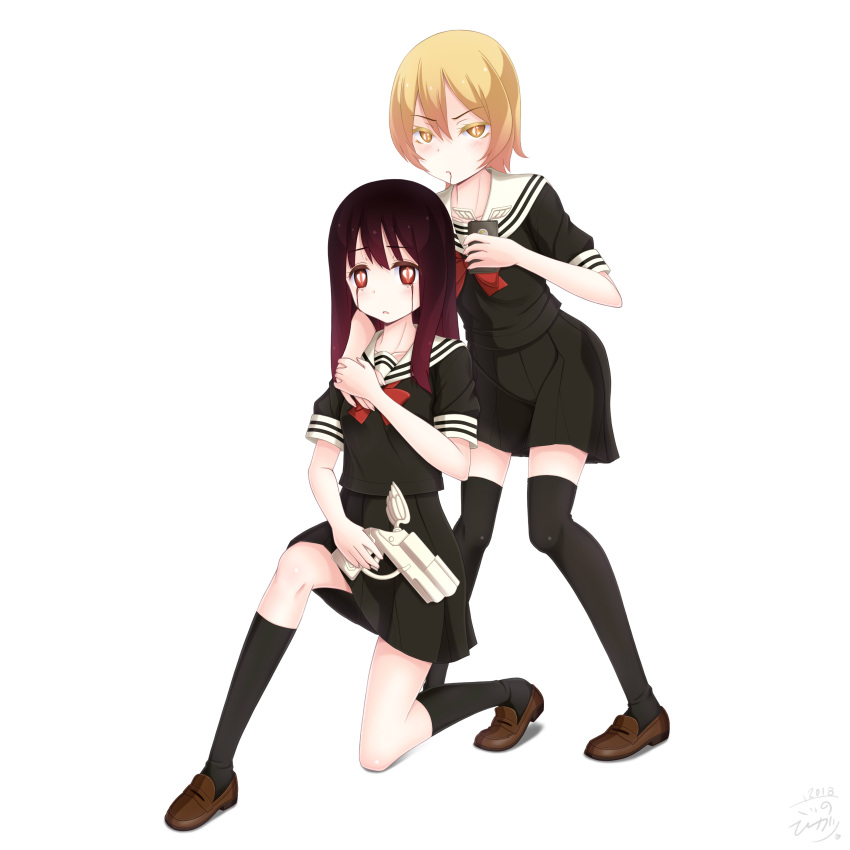 1boy, 1girl, absurdres, androgynous, asagiri_aya, black_legwear, black_serafuku, black_shirt