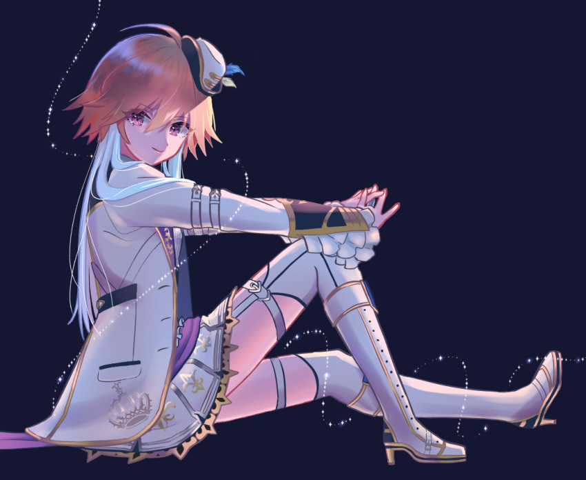 1girl, blonde_hair, blue_background, boots, eyebrows_visible_through_hair, fleur_de_lis_print, from_side, gankake_(misary)