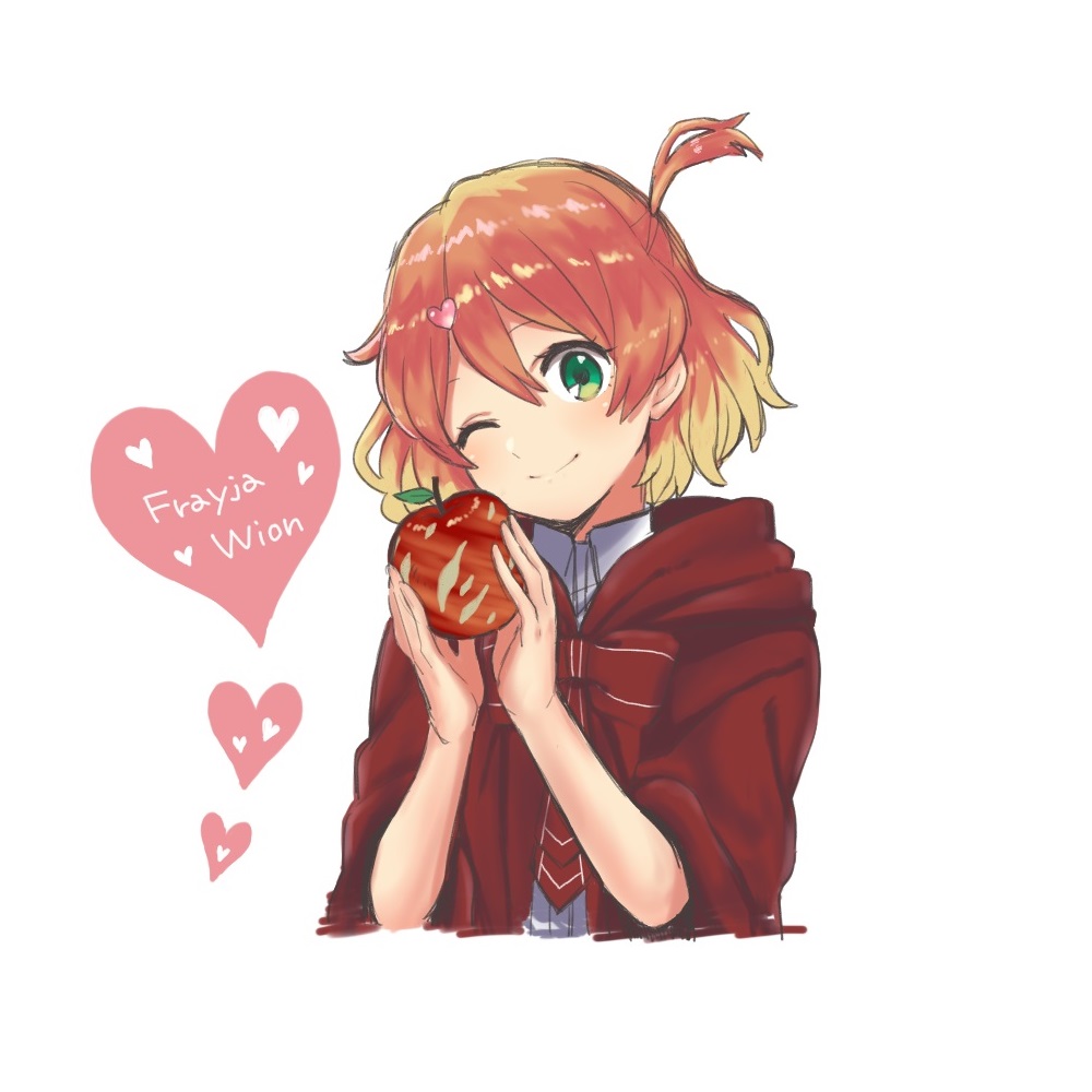 1girl, ;), blonde_hair, cape, character_name, collared_shirt, food, freyja_wion