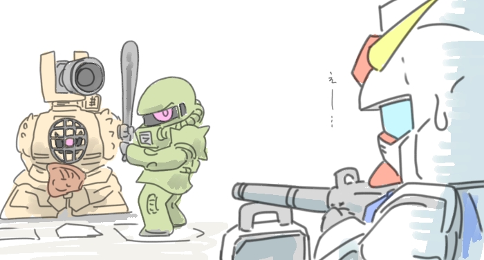 baseball, baseball_bat, baseball_glove, commentary_request, ground_gundam, gun, gundam, niiyan