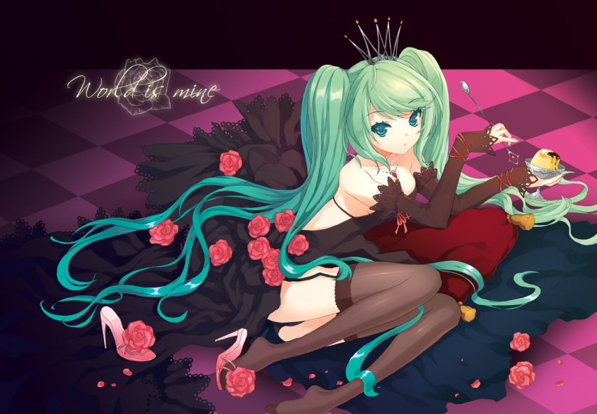 aqua_hair, bad_id, blue_eyes, breasts, cleavage, collar, crown, cuteg