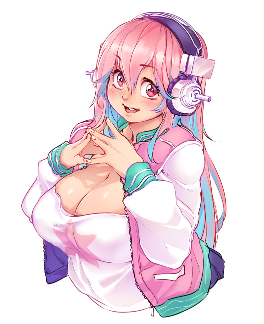 1girl, absurdres, aqua_hair, blush, breasts, cleavage, gofa, headphones