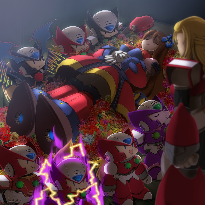 1girl, 6+boys, absolute_zero_(mega_man), alternate_color, alternate_form, android, beret, blonde_hair, blue_eyes, breasts, brown_hair, capcom, chibi, closed_eyes, commentary_request, dress, flower, hair_flower, hair_ornament, hands_together, hat, hat_removed, headwear_removed, helmet, highres, imo_konn_nyaku, iris_(mega_man), iris_(rockman_x), long_hair, medium_breasts, mega_man_(series), mega_man_x_(series), multiple_boys, own_hands_together, rockman, rockman_x, sleeping, smile, snow_white, zero_(mega_man), zero_(rockman)