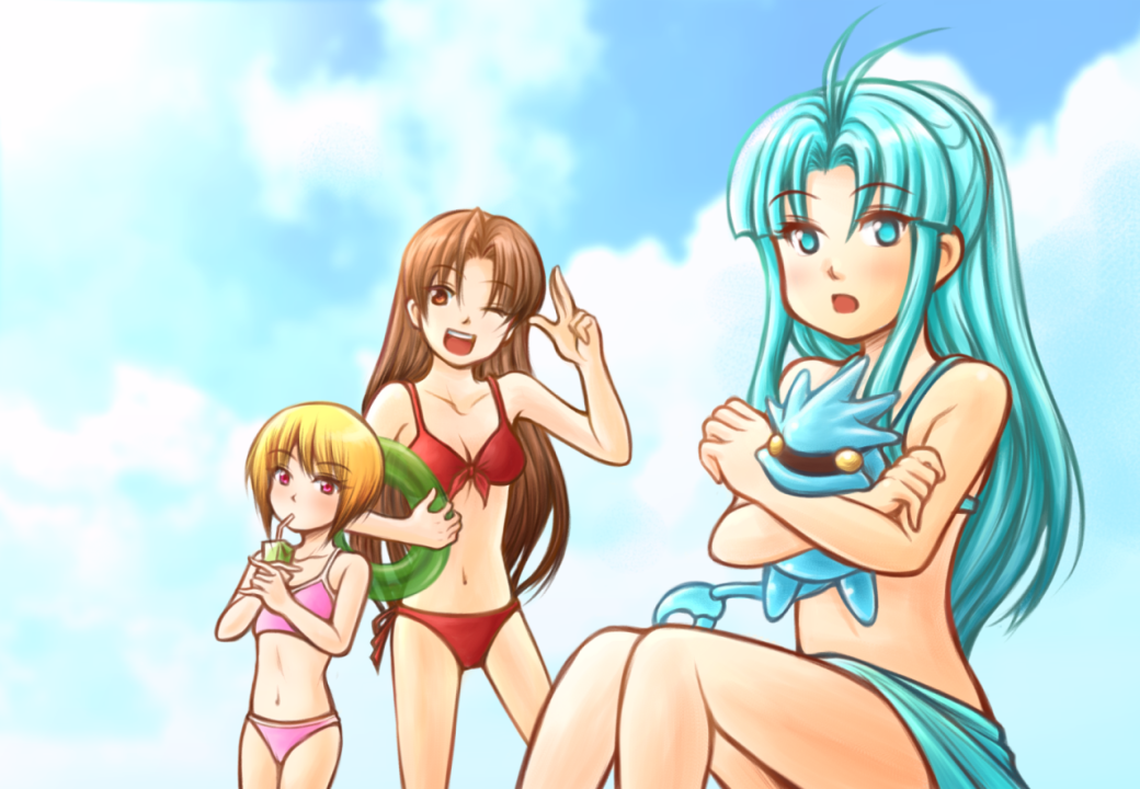 3girls, bikini, blonde_hair, blue_bikini, blue_hair, brown_hair, camelot_(company), cute