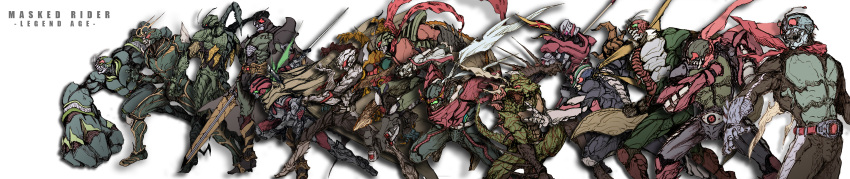 6+boys, absurdres, antennae, arm_blade, arm_up, armlet, armor, belt