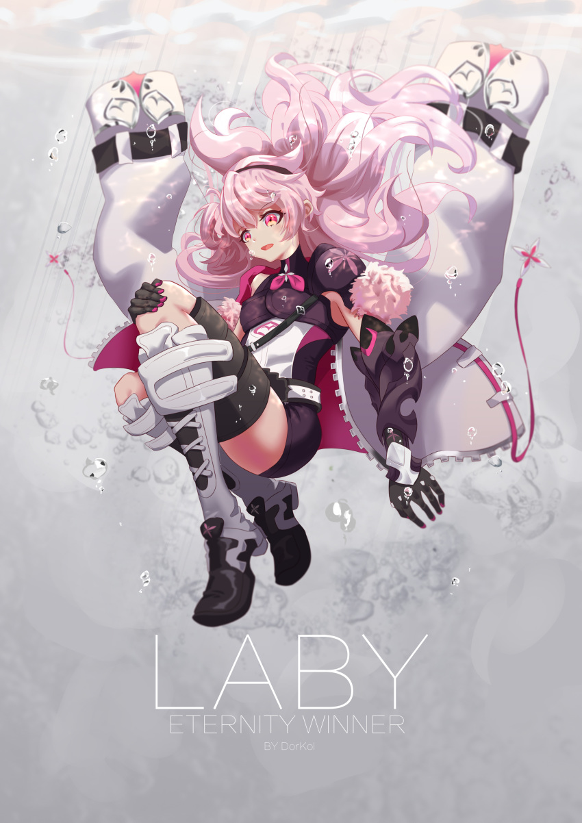 1girl, :o, absurdres, black_gloves, black_hairband, black_shorts, boots, bubble