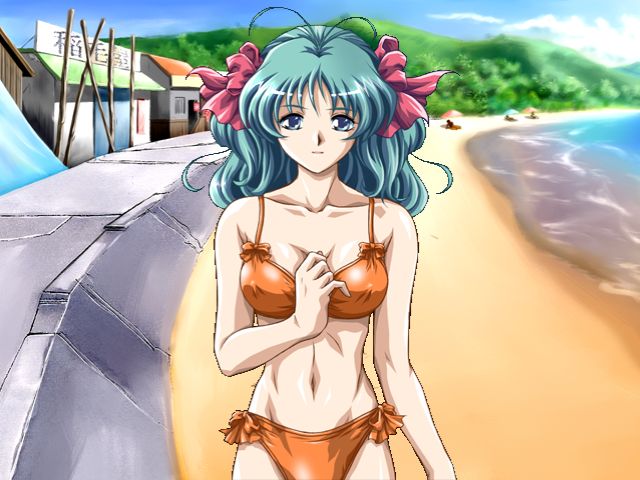 1girl, 90s, ahoge, beach, bikini, blue_eyes, blue_hair, breasts, clavicle, erect_nipples, erect_nipples_under_clothes, female, hair_ribbon, large_breasts, light_skinned, light_skinned_female, looking_at_viewer, navel, ocean, orange_bikini, outdoors, red_ribbon, ribbon, seaside, shiny, shiny_bikini, shiny_clothes, shiny_skin, shiny_swimsuit, smile, summer, swimsuit, voss, yasoumu