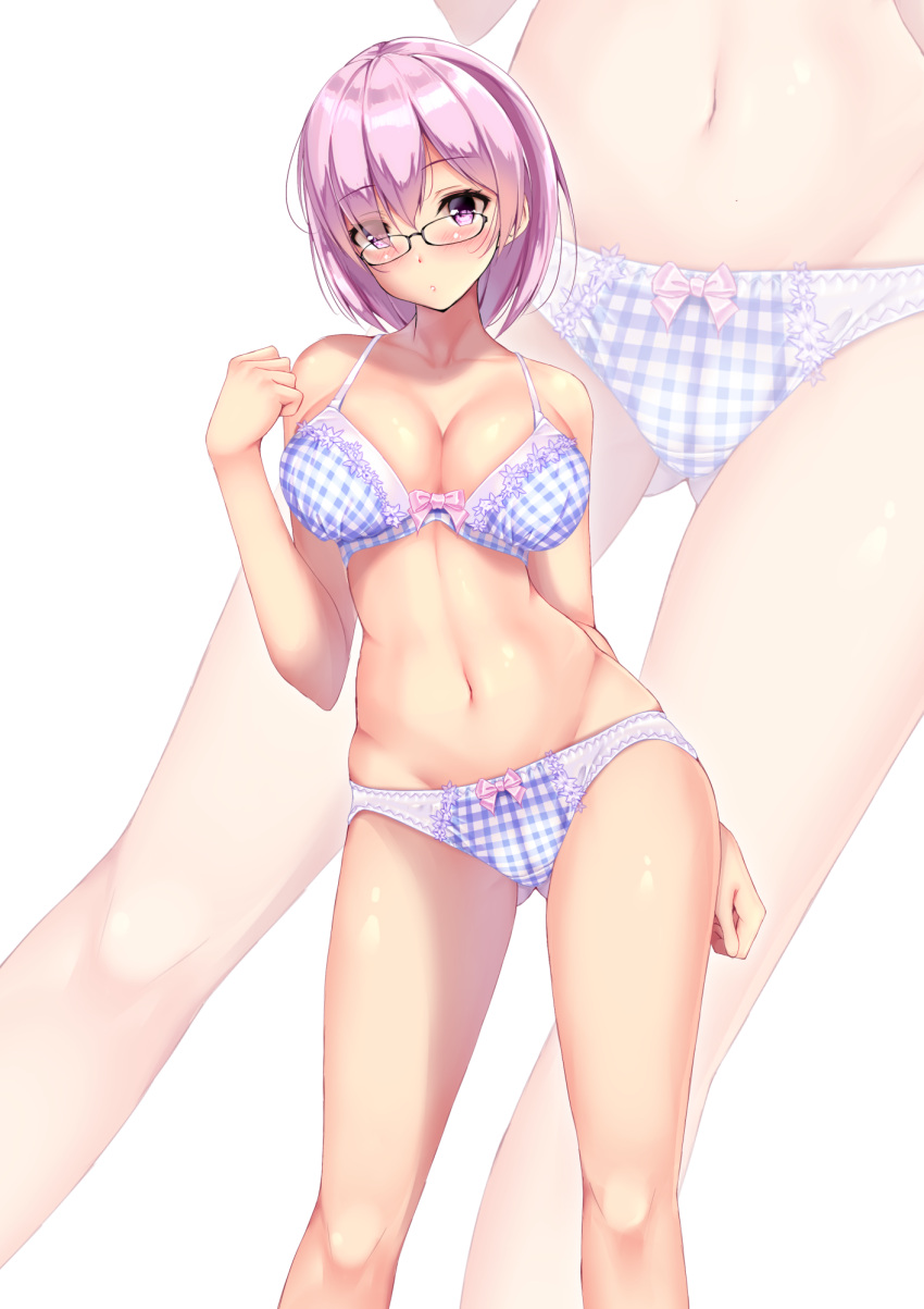1girl, bare_shoulders, black-framed_eyewear, blue_bra, blue_panties, blush, bra, breasts
