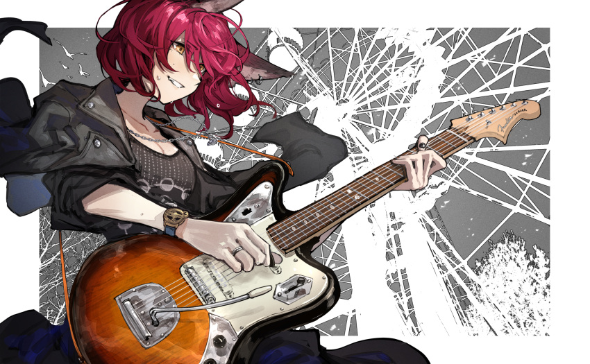 1girl, animal_ears, bangs, blue_skirt, border, breasts, brown_eyes, cleavage, commentary_request, fender_jaguar, ferris_wheel, guitar, highres, instrument, jacket, jacket_on_shoulders, jewelry, large_breasts, leather, leather_jacket, mephist-pheles, necklace, original, redhead, shirt, short_hair, skirt, smile, t-shirt, two-tone_background, watch, watch, white_border