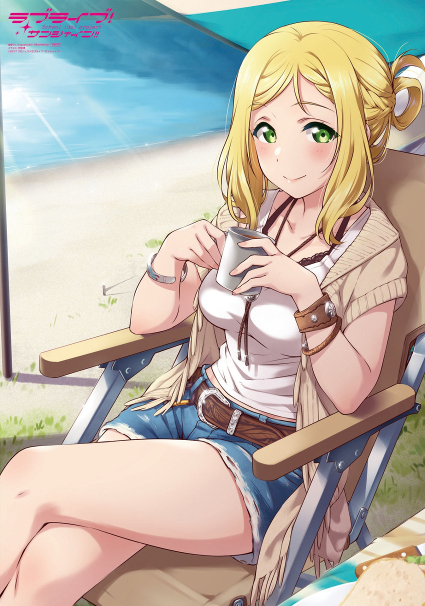 1girl, bangs, beach, belt, blonde_hair, blush, braid, breasts, cup, dengeki_g's, green_eyes, hand_on_own_chest, highres, inou_shin, jewelry, looking_at_viewer, love_live!, love_live!_sunshine!!, medium_breasts, medium_hair, miniskirt, necklace, ocean, official_art, ohara_mari, sand, sitting, skirt, smile, solo, thighs