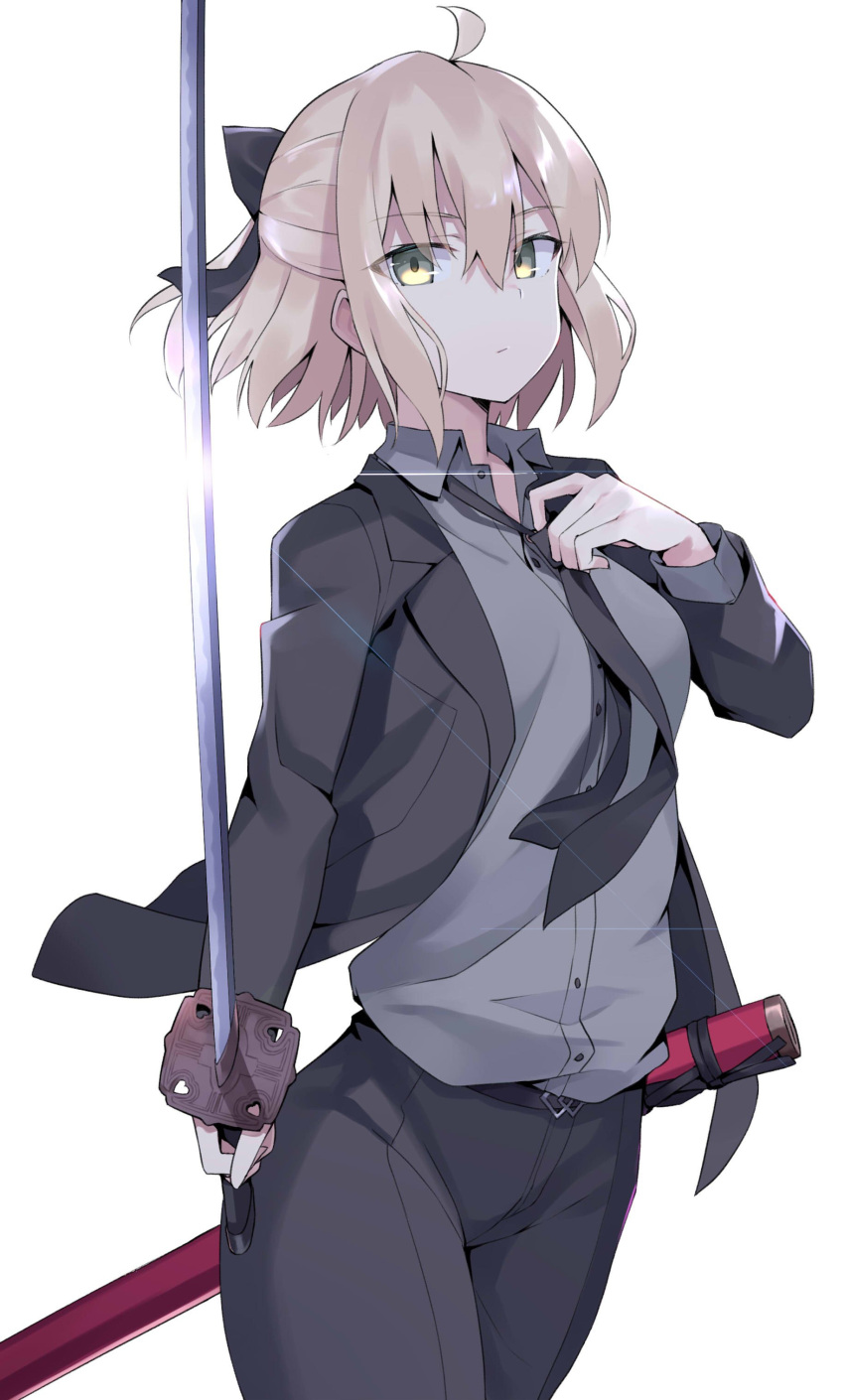 100, 1girl, absurdres, adjusting_clothes, adjusting_necktie, adjusting_neckwear, ahoge, black_neckwear