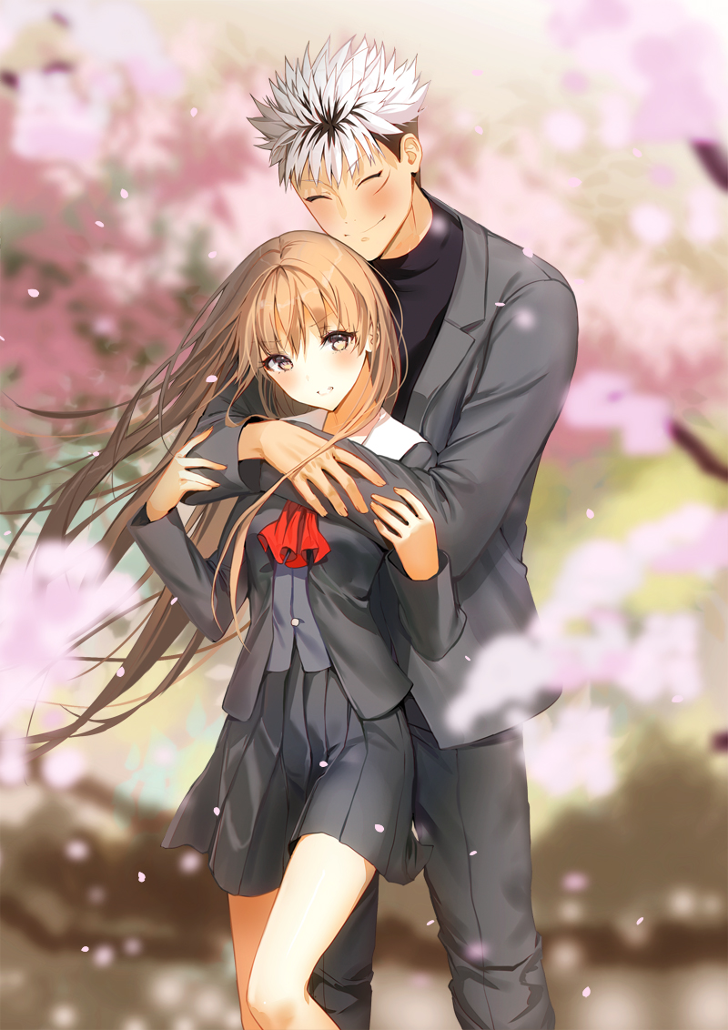 1boy, 1girl, ^_^, amatsuka_megumi, ascot, bangs, black_hair, black_shirt
