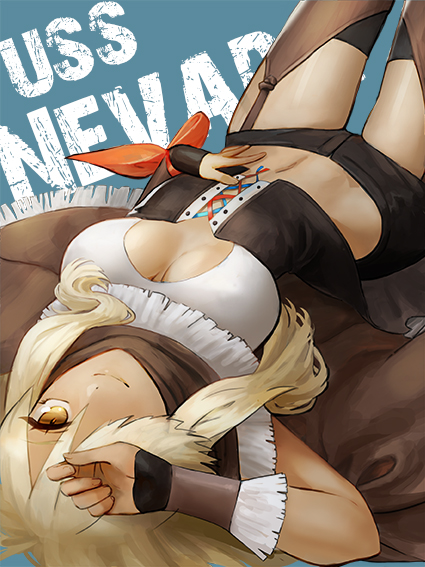 1girl, azur_lane, blonde_hair, breasts, chaps, corset, fingerless_gloves, gloves, hair_between_eyes, hair_over_one_eye, long_hair, lying, medium_breasts, navel, nevada_(azur_lane), nini_(gina852456), on_back, scarf, short_shorts, shorts, solo, underboob_cutout, yellow_eyes
