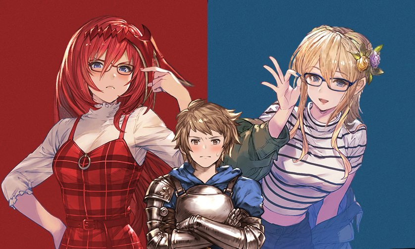 adjusting_eyewear, alexiel, armor, blonde_hair, brown_hair, casual, dress, europa_(granblue_fantasy)