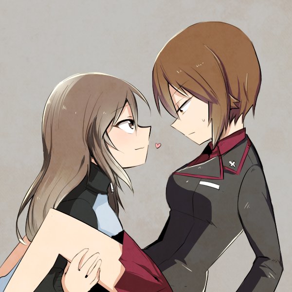 2girls, aimai_(luckyfive), bangs, black_jacket, blue_jacket, brown_eyes, brown_hair, closed_mouth, commentary, dress_shirt, eyebrows_visible_through_hair, from_side, frown, girls_und_panzer, glaring, grey_background, half-closed_eyes, jacket, keizoku_military_uniform, kuromorimine_military_uniform, leaning_back, leg_grab, long_hair, long_sleeves, looking_at_another, mika_(girls_und_panzer), military, military_uniform, miniskirt, multiple_girls, nishizumi_maho, no_hat, no_headwear, pleated_skirt, raglan_sleeves, red_shirt, red_skirt, shirt, short_hair, sitting, skirt, smile, straddling, sweatdrop, track_jacket, uniform, yuri
