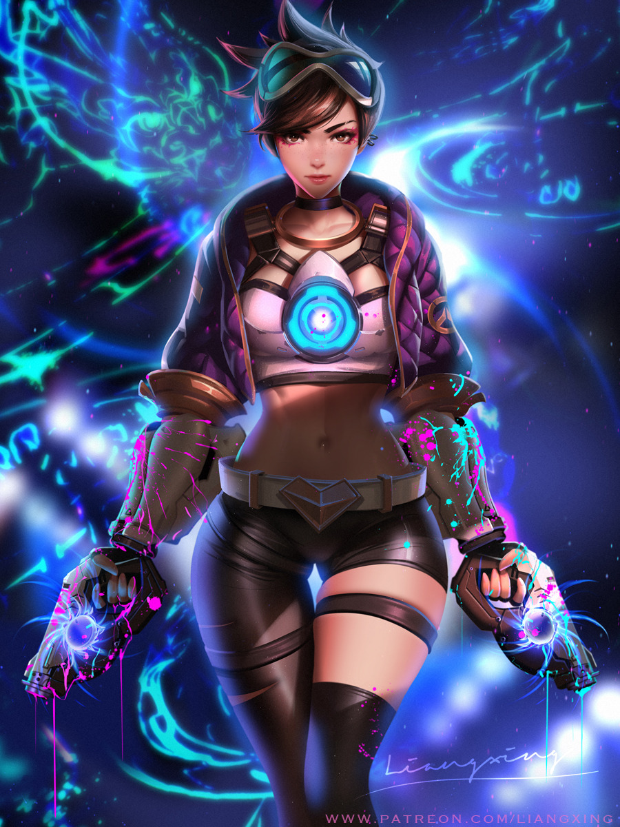 1girl, akali, akali_(cosplay), asymmetrical_legwear, belt, breasts, brown_eyes, brown_hair, closed_mouth, collarbone, cosplay, dual_wielding, eyeshadow, goggles, goggles_on_head, gun, handgun, heart, highres, holding, k/da_(league_of_legends), k/da_akali, league_of_legends, liang_xing, lips, makeup, medium_breasts, midriff, overwatch, paint_splatter, pistol, signature, single_thighhigh, skindentation, tagme, thigh-highs, thigh_strap, tracer_(overwatch), watermark, weapon, web_address