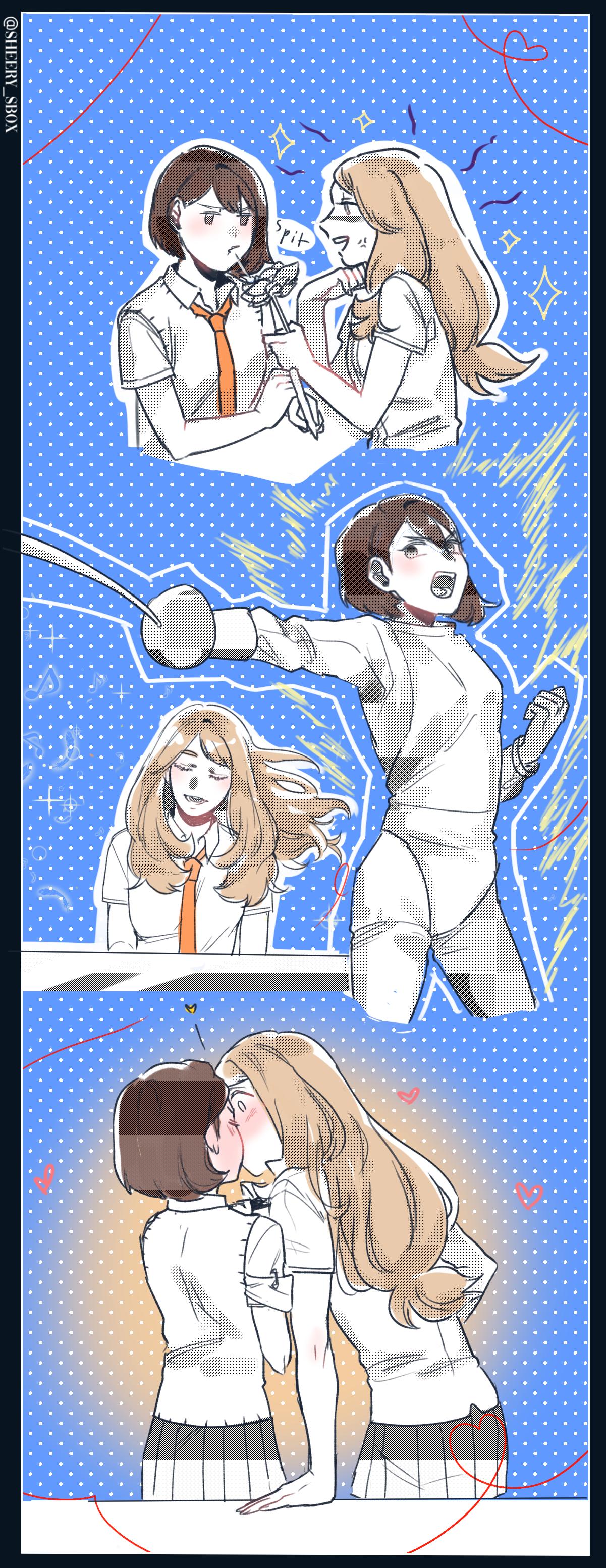 absurdres, anger_vein, aura, blonde_hair, blue_background, blush, bob_cut, brown_hair