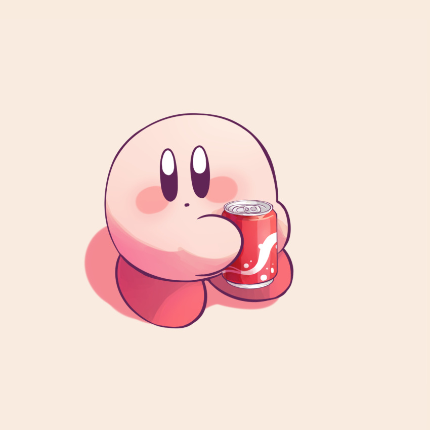 amedama_(akaki_4207), black_eyes, blush_stickers, can, expressionless, highres, holding, holding_can, kirby, kirby_(series), nintendo, no_humans, shadow, simple_background, soda_can, yellow_background