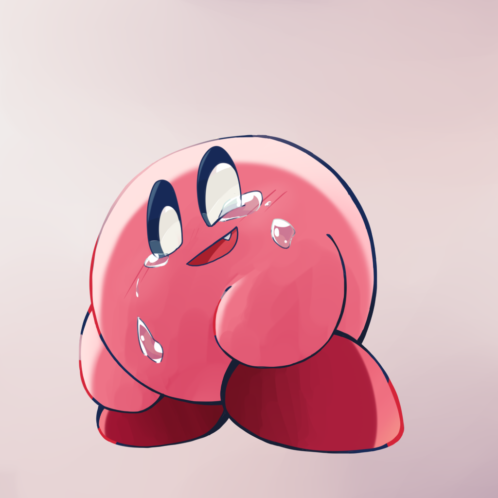 1other, amedama_(akaki_4207), crying, crying_with_eyes_open, fang, gradient, gradient_background, grey_background, hal_laboratory_inc., hoshi_no_kirby, kirby, kirby_(series), nintendo, no_humans, open_mouth, smile, tears, what