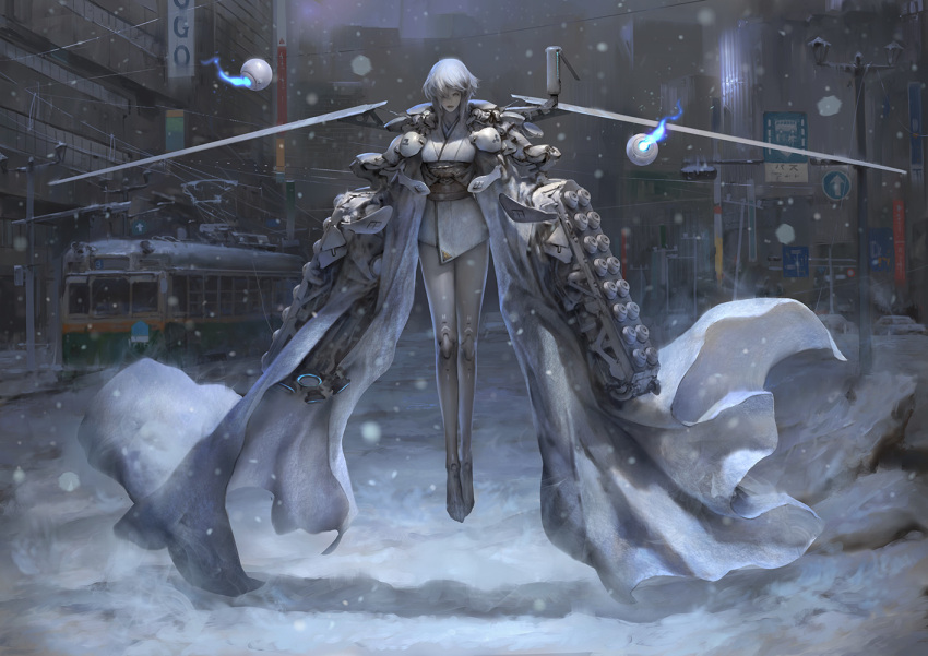 1girl, android, building, car, floating, floating_object, glowing, grey_eyes, ground_vehicle, ice, icicle, japanese_clothes, lamppost, long_sleeves, motor_vehicle, night, original, puppeteer_lee, road, road_sign, short_hair, sign, snow, snowing, solo, street, traffic_light, vehicle, white_hair, window, yuki-onna