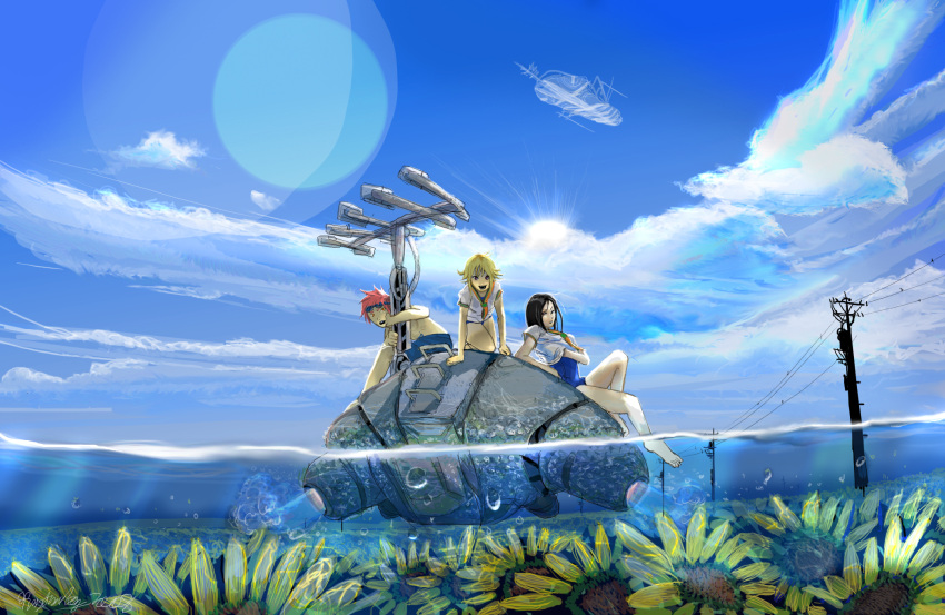 antenna, barefoot, black_hair, blonde_hair, cloud, clouds, goggles, highres