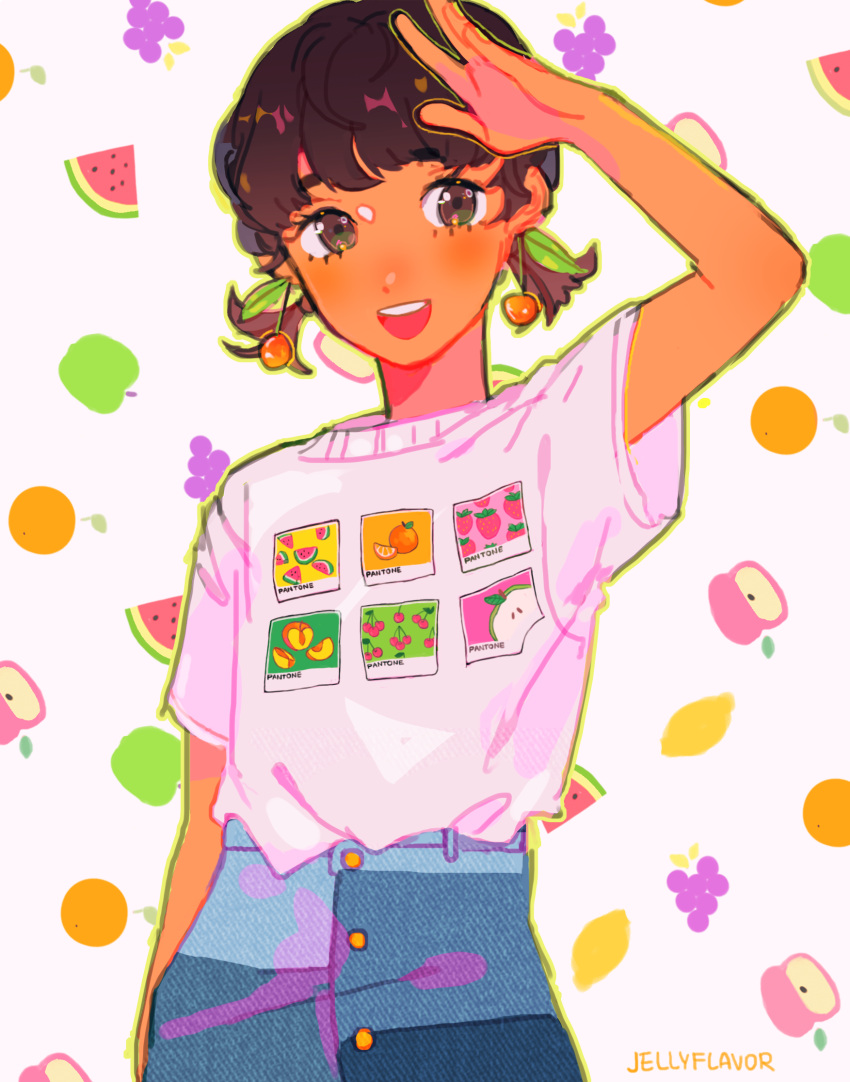 1girl, apple, bangs, blush, border, brown_eyes, brown_hair, cherry