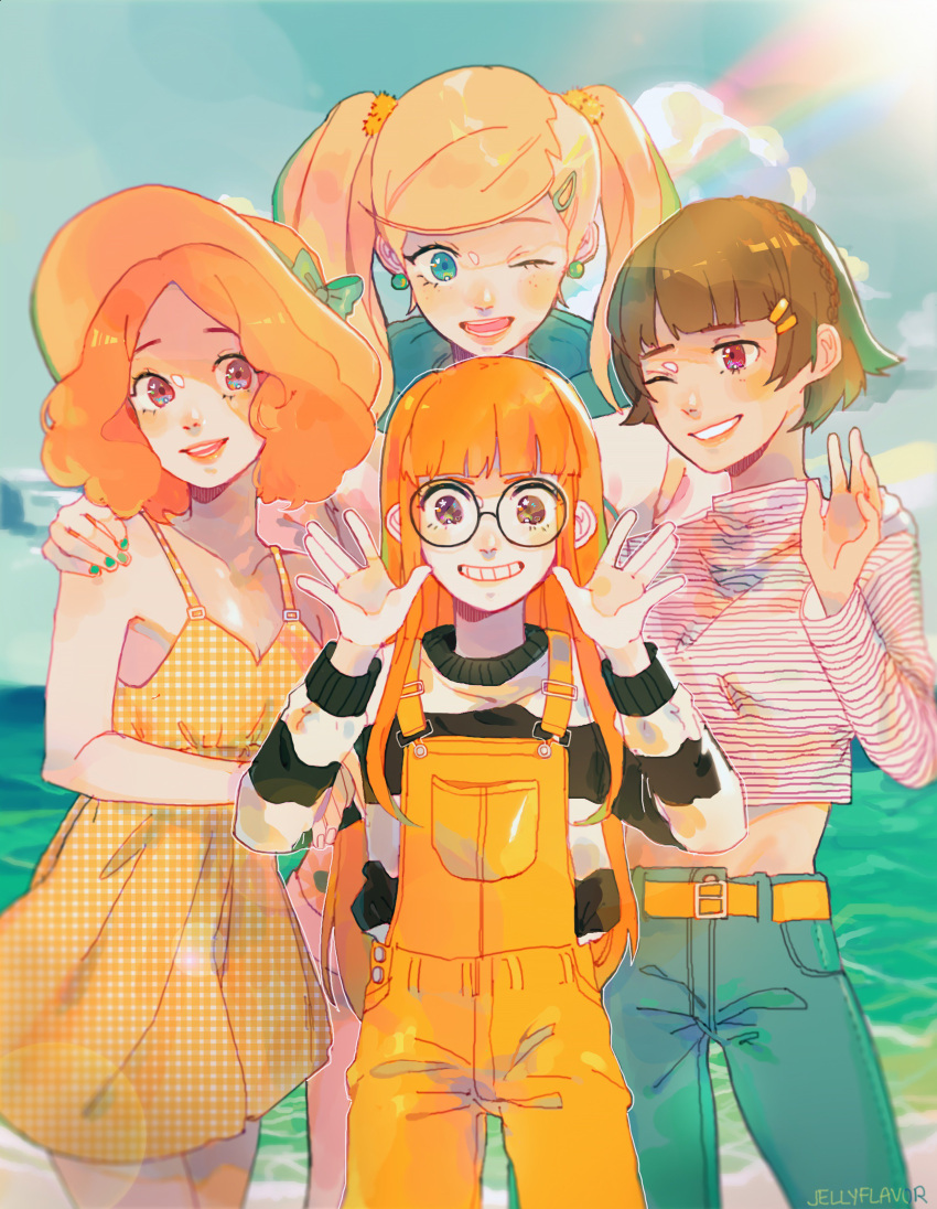 4girls, absurdres, aqua_bow, aqua_ribbon, bangs, beach, belt, black-framed_eyewear