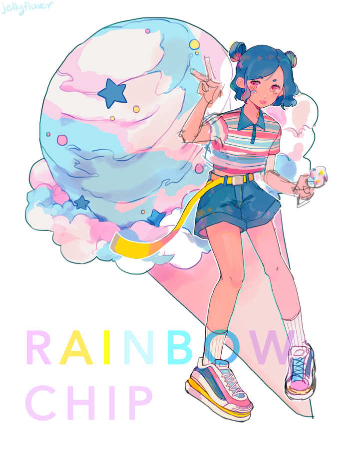 1girl, belt, blue_hair, blue_shorts, collared_shirt, english_text, food, full_body, ice_cream, ice_cream_cone, multicolored_footwear, original, pink_eyes, routexx, shirt, shoes, short_sleeves, shorts, single_scoop, socks, solo, standing, star, striped, striped_shirt, tongue, tongue_out, v, white_legwear
