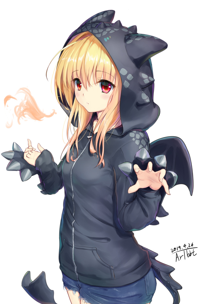 1girl, alternate_costume, black_hoodie, blonde_hair, blush, breathing_fire, commentary_request, dated