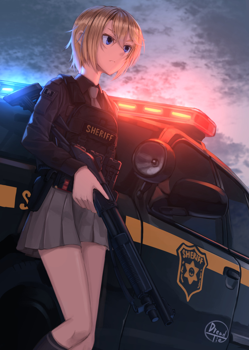1girl, absurdres, blonde_hair, car, clouds, dark, dreadtie, from_below