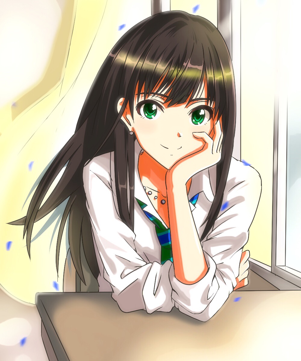 1girl, brown_hair, classroom, collarbone, collared_shirt, curtains, desk, dress_shirt, earrings, floating_hair, green_eyes, green_neckwear, head_rest, highres, idolmaster, idolmaster_cinderella_girls, jewelry, long_hair, looking_at_viewer, necklace, necktie, open_window, petals, school_uniform, shibuya_rin, shiki_(0802makimari), shiny, shiny_hair, shirt, sitting, smile, solo, striped, striped_neckwear, upper_body, white_shirt, window, wing_collar