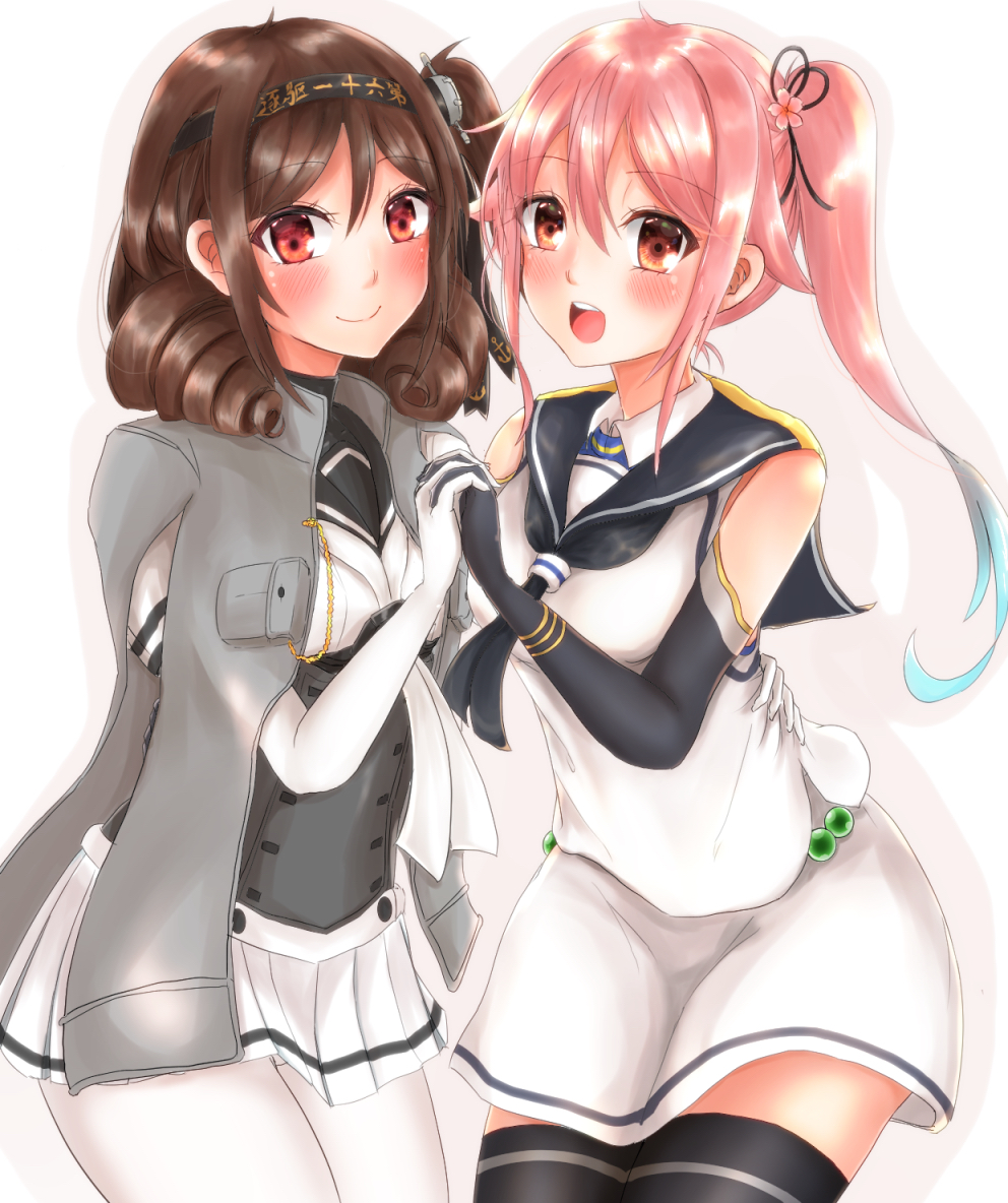 2girls, alternate_costume, black_gloves, black_headband, black_legwear, black_ribbon, black_sailor_collar, blue_hair