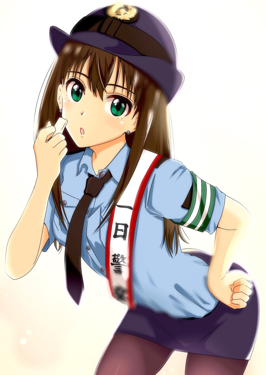 1girl, :o, armband, bent_over, black_neckwear, blue_headwear, blue_shirt, blue_skirt